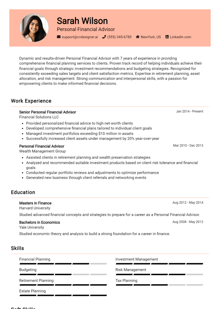 Personal Financial Advisor Resume Example