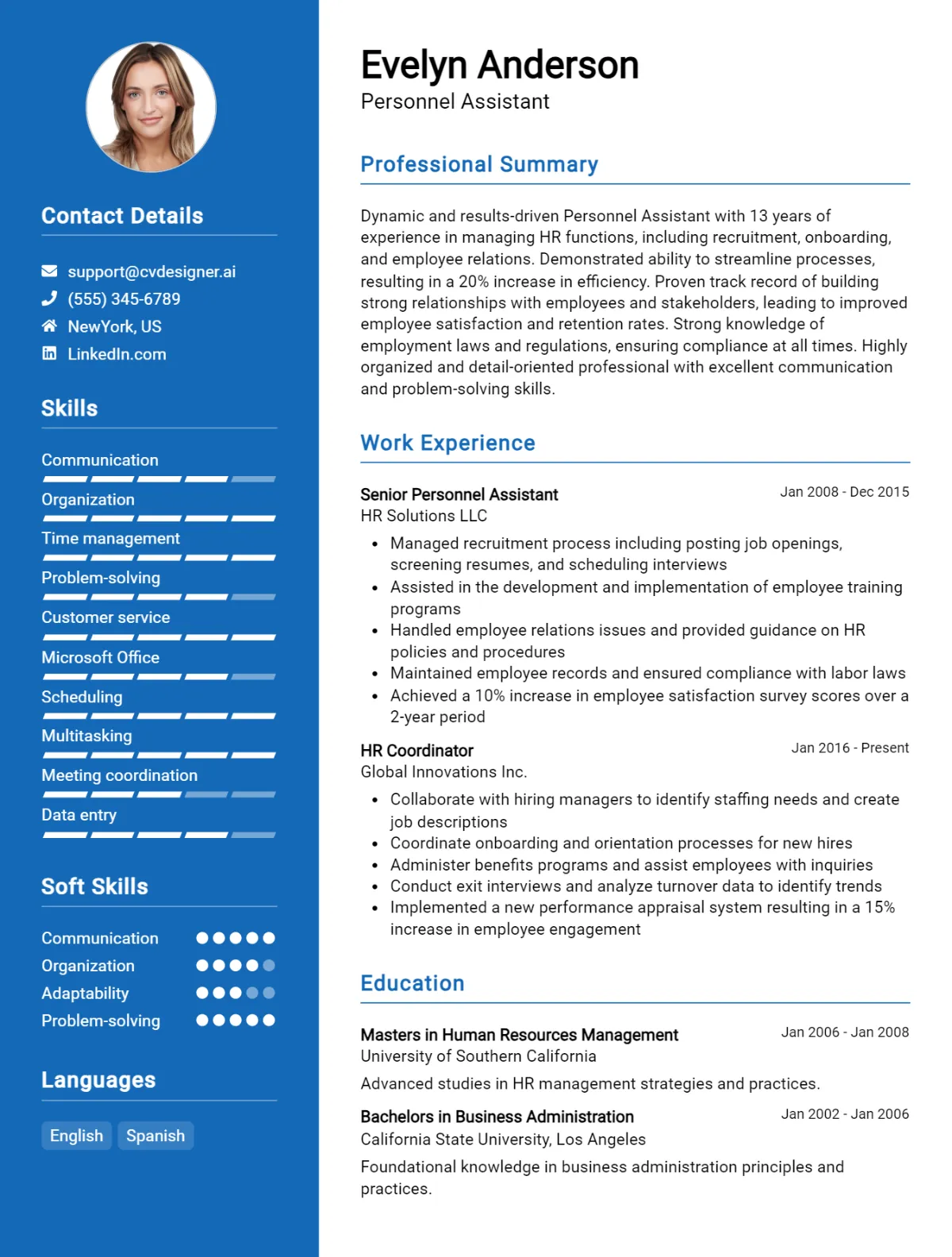Personnel Assistant CV Example For 2026: Free Professional Templates Preview