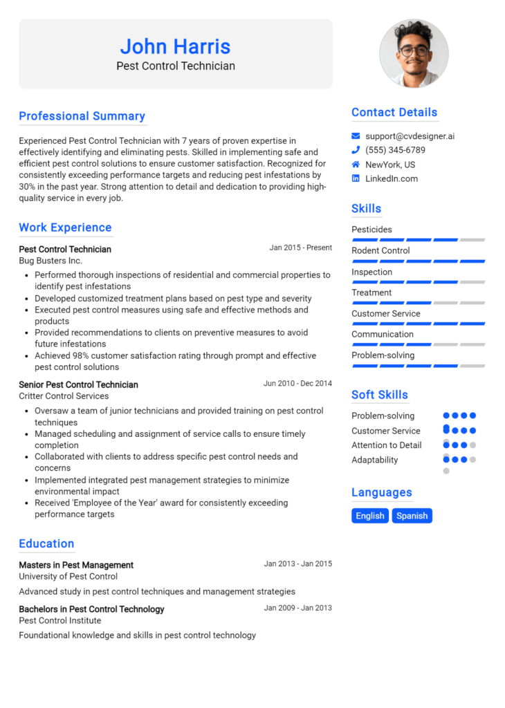 Pest Control Technician Resume Example