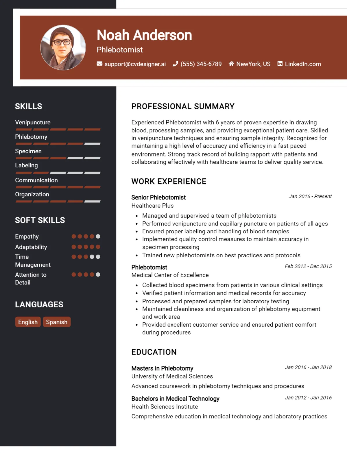 Phlebotomist CV Example For 2026: Examples & Free Templates Preview