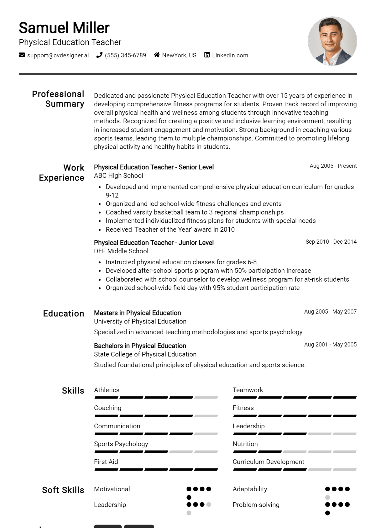 Physical Education Teacher Resume Example for 2026: Free Professional Templates Preview