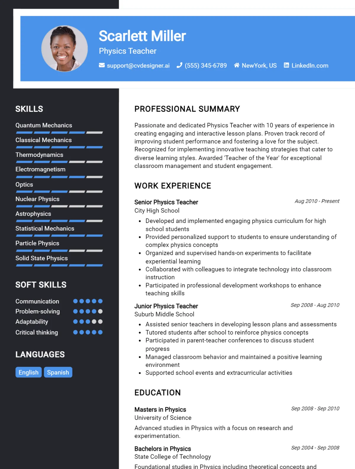 Physics Teacher CV Example For 2026: Top CV Skills Preview