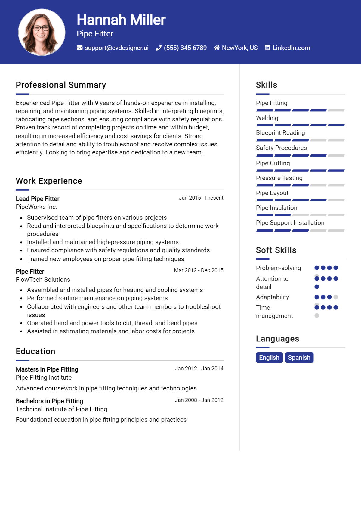 Pipe Fitter Resume Example for 2026: Top CV Skills Preview