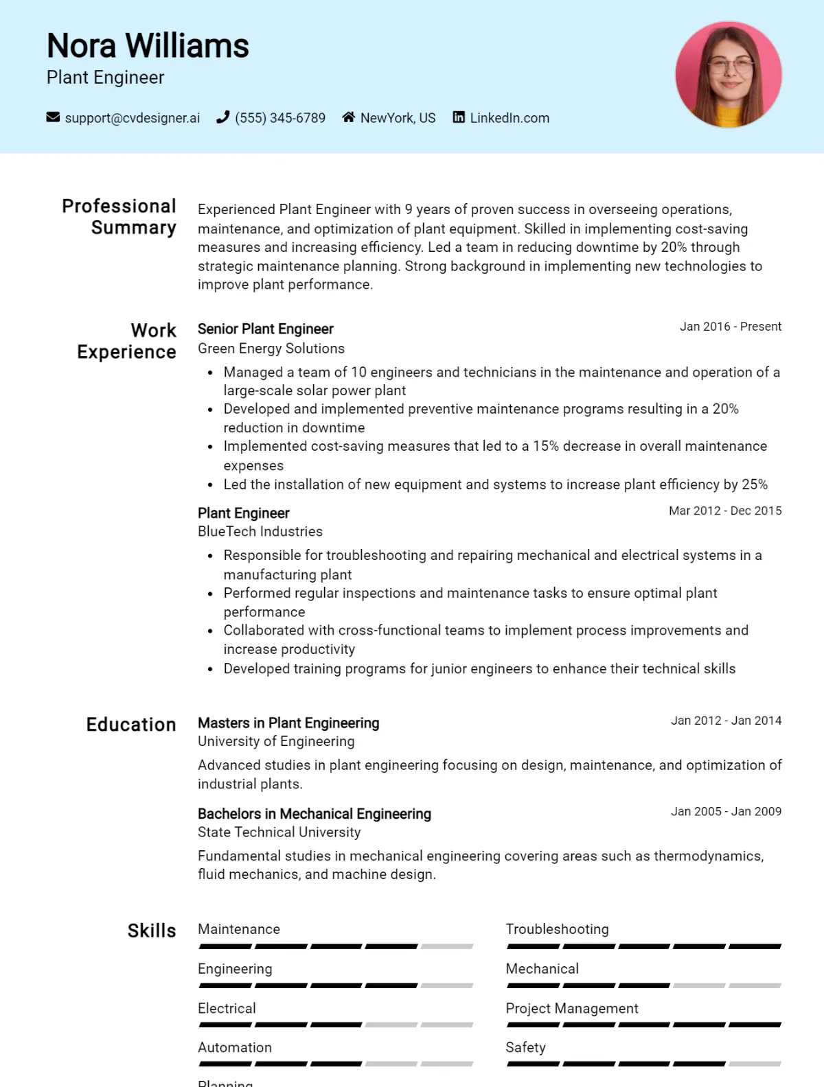 Plant Engineer CV Example For 2026: Free Professional Templates Preview