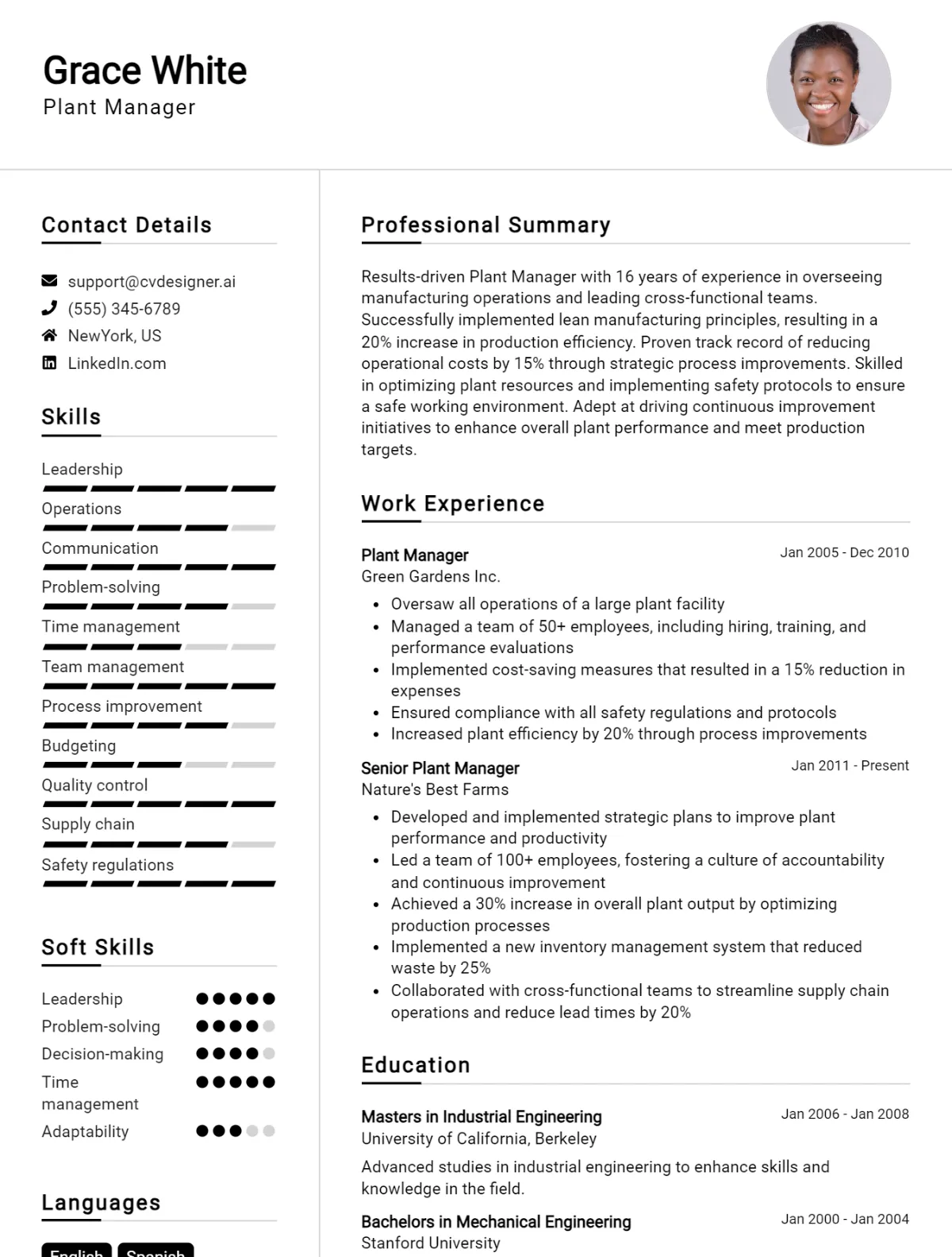 Plant Manager CV Example For 2026: Ultimate Guide Preview