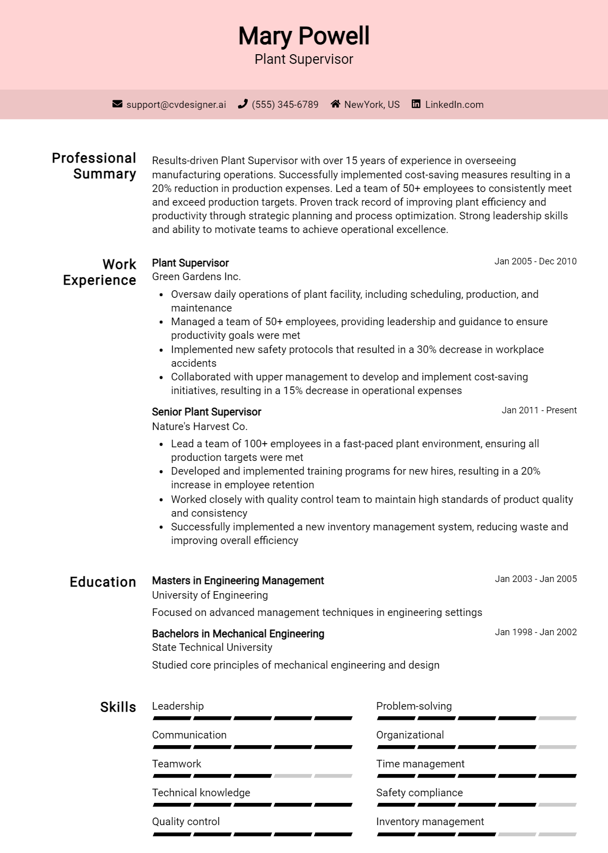 Plant Supervisor Resume Example for 2026: Best Writing Tips Preview