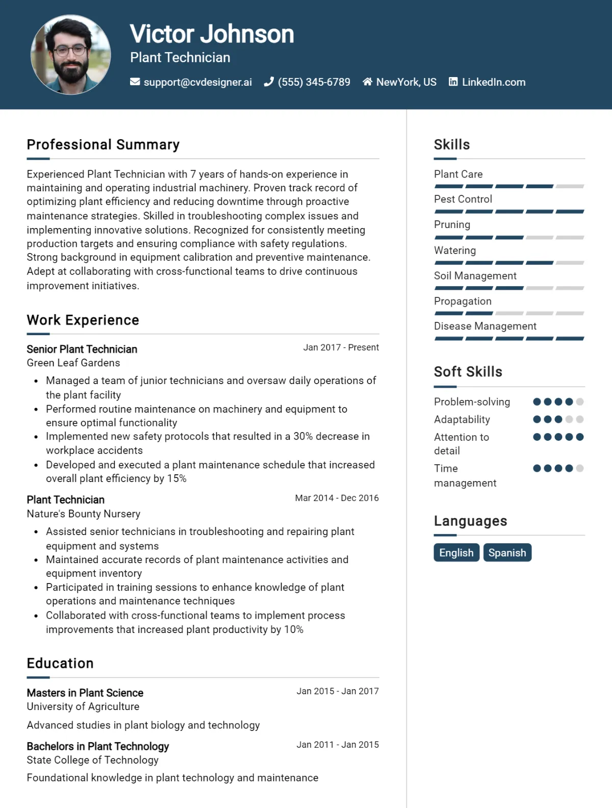 Plant Technician CV Example For 2026: Free Downloadable Templates Preview