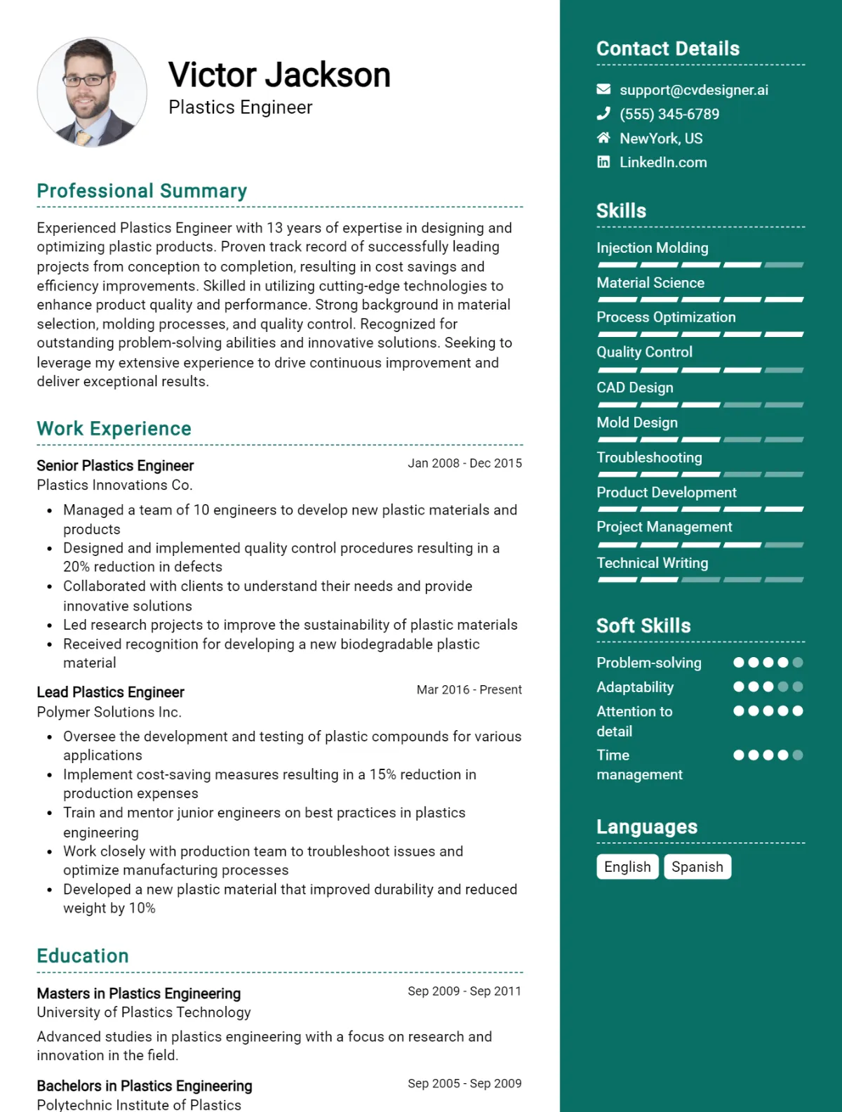Plastics Engineer CV Example For 2026: Top CV Skills Preview