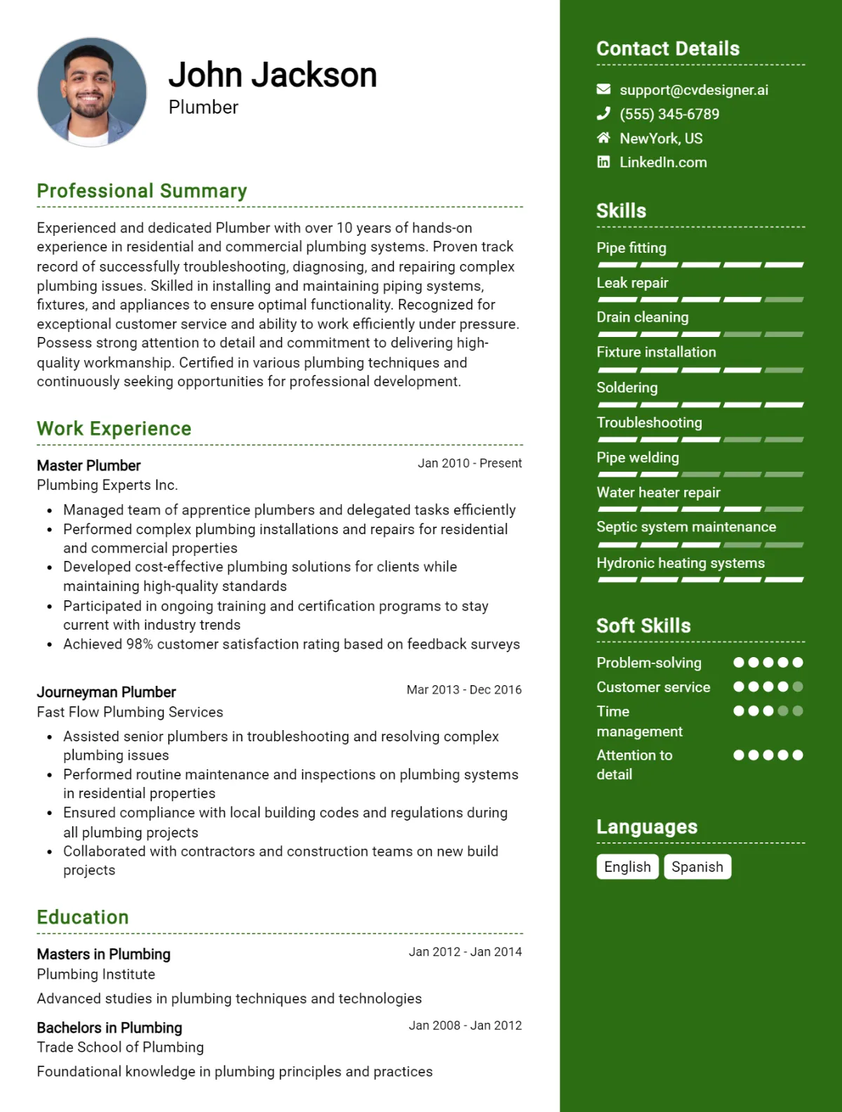 Plumber CV Example For 2026: Free Professional Templates Preview