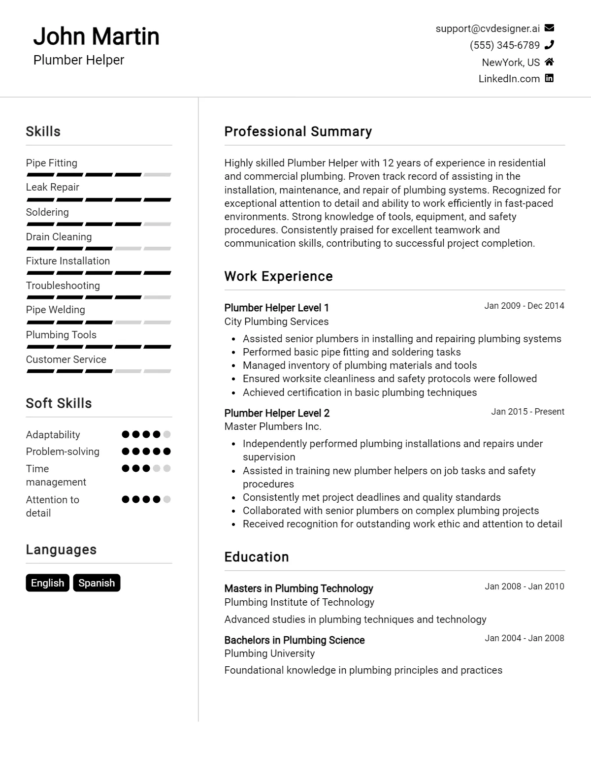 Plumber Helper CV Example For 2026: Examples & Free Templates Preview