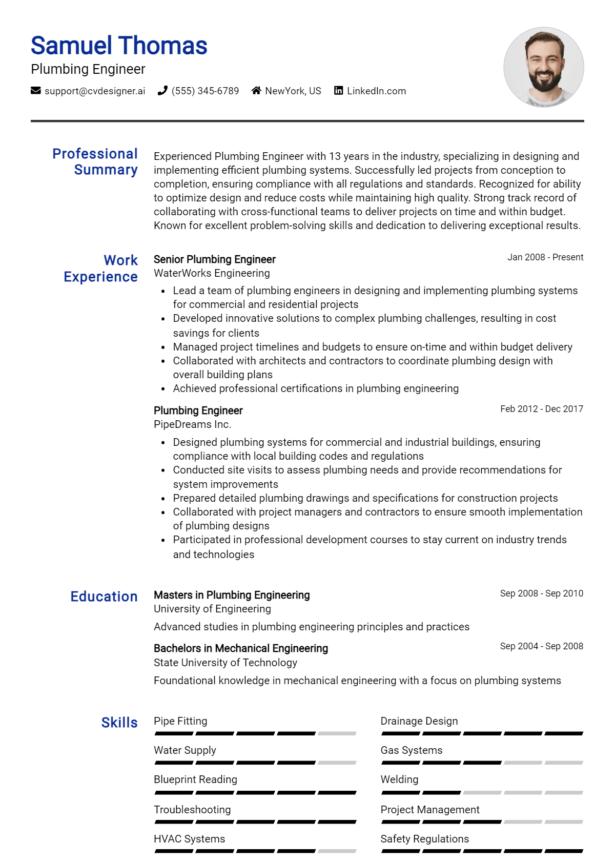 Plumbing Engineer Resume Example for 2026: Tips & Templates Preview