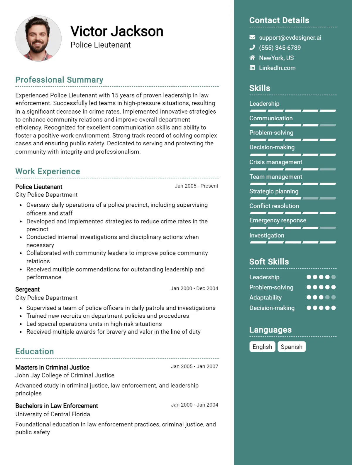 Police Lieutenant CV Example For 2026: Examples & Free Templates Preview