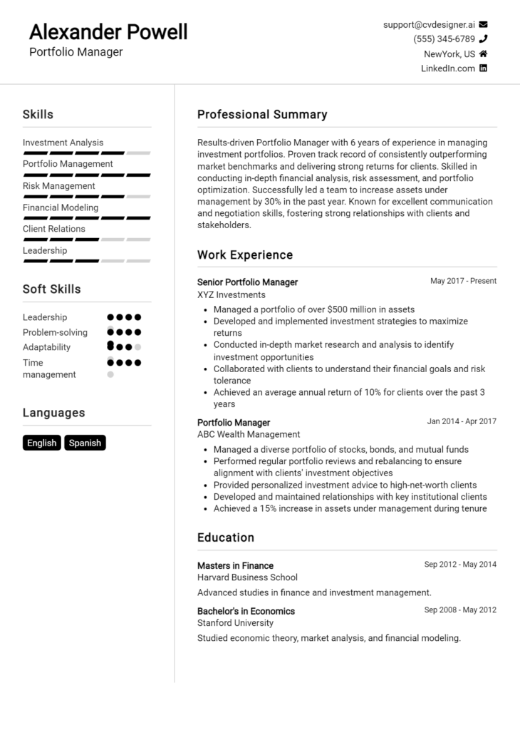 Portfolio Manager Resume Example