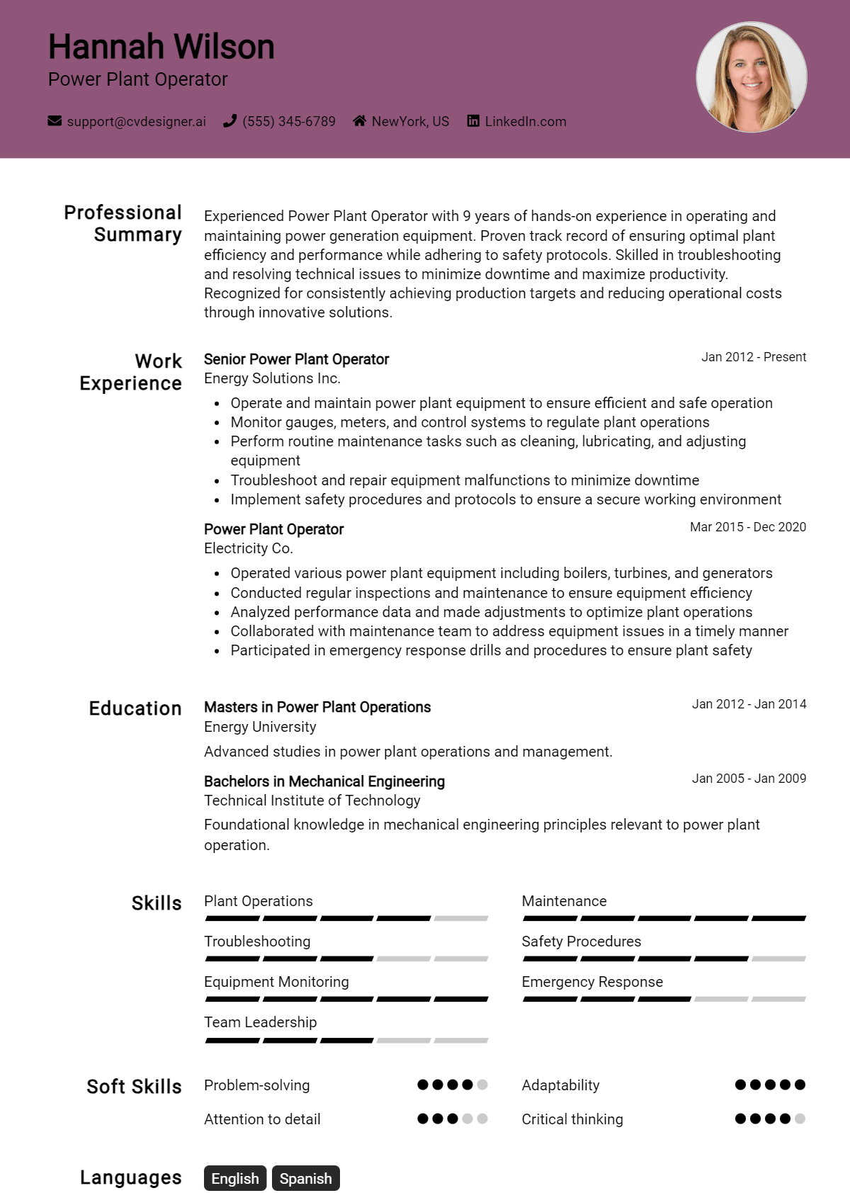 Power Plant Operator Resume Example for 2026: How to Create a Professional CV Preview