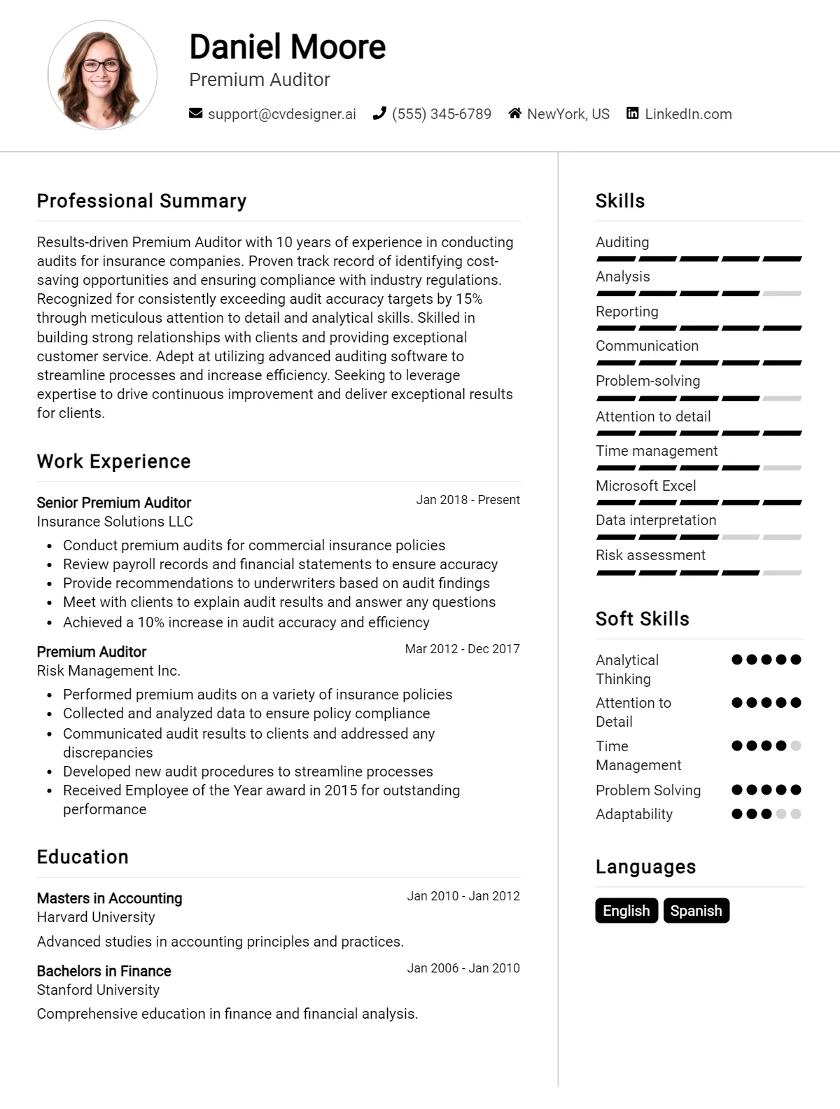 Premium Auditor CV Example For 2026: Free Downloadable Templates Preview