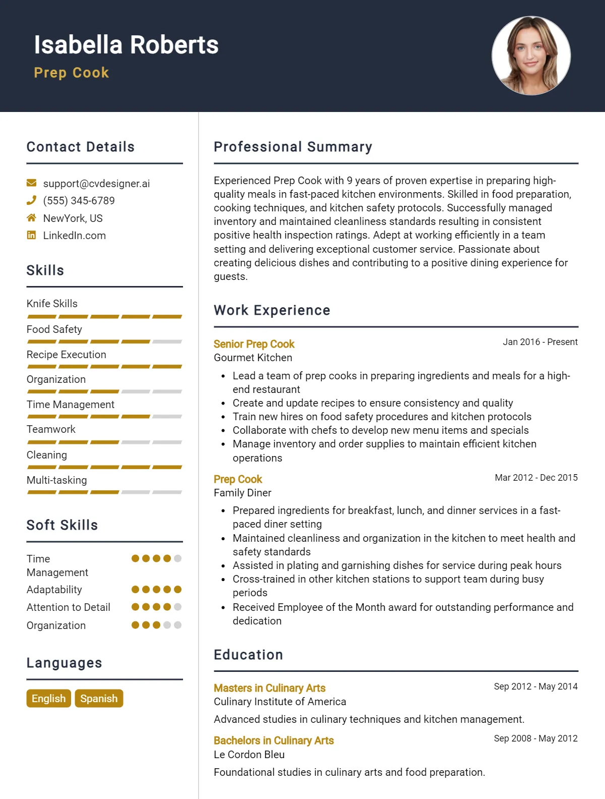 Prep Cook CV Example For 2026: Professional CV Templates Preview