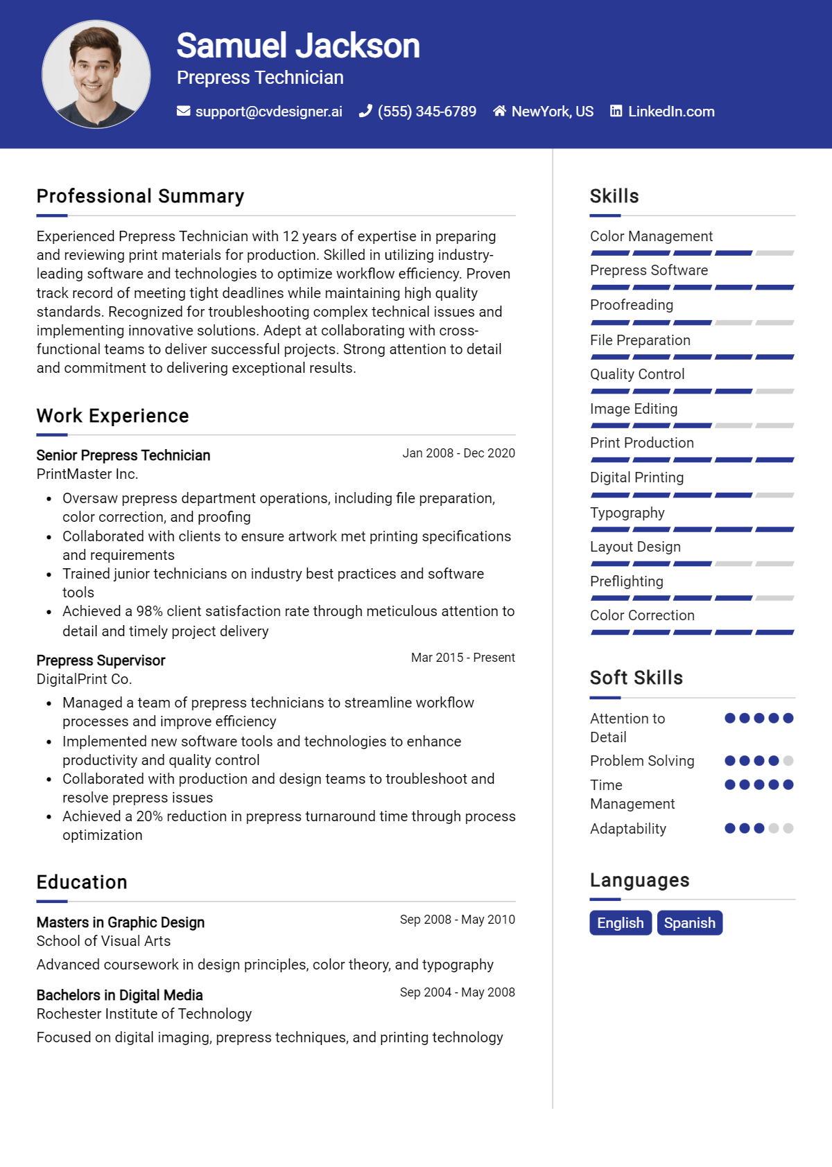 Prepress Technician Resume Example for 2026: How to Create a Professional CV Preview