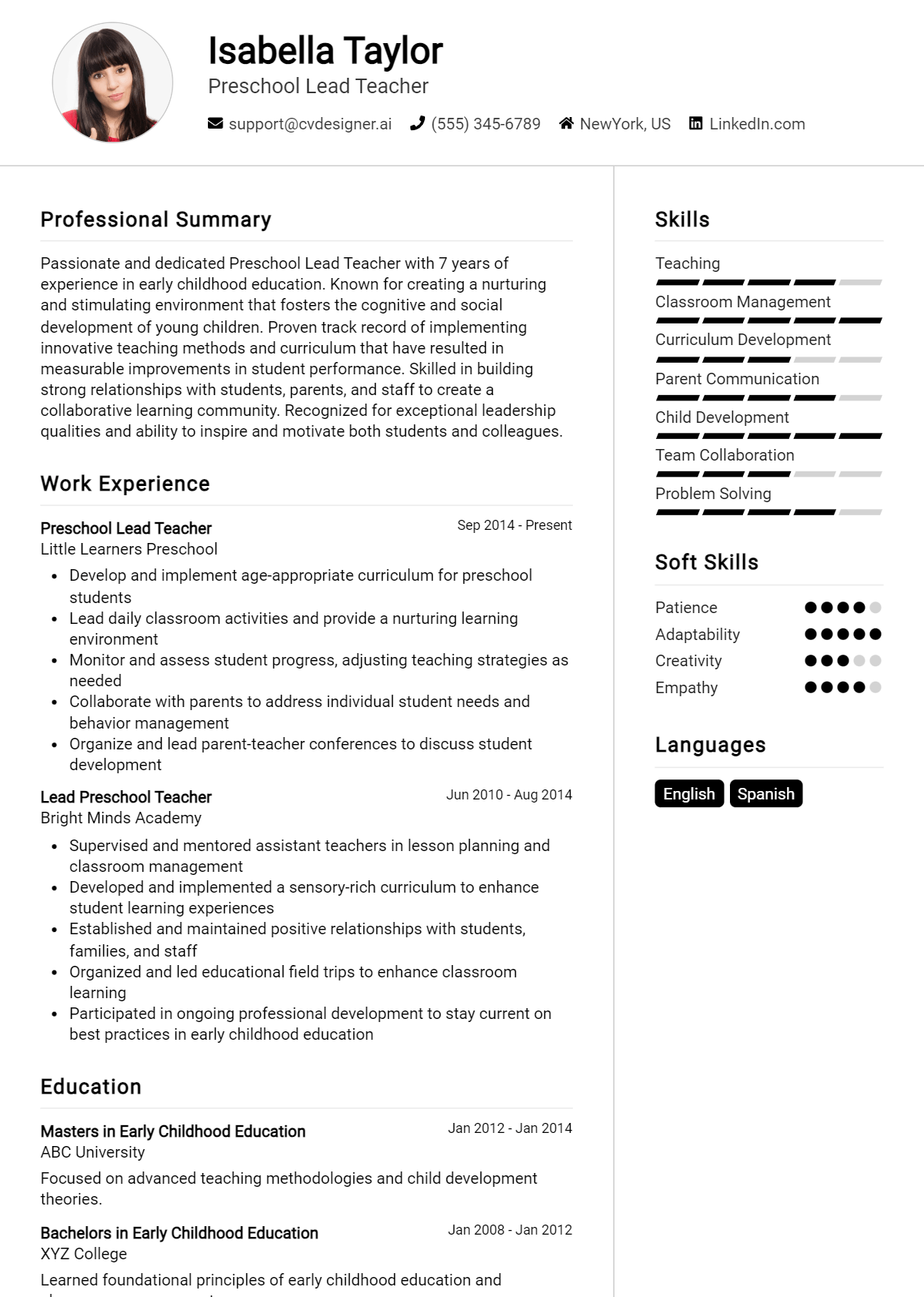 Preschool Lead Teacher Resume Example for 2026: Resume Guide Preview