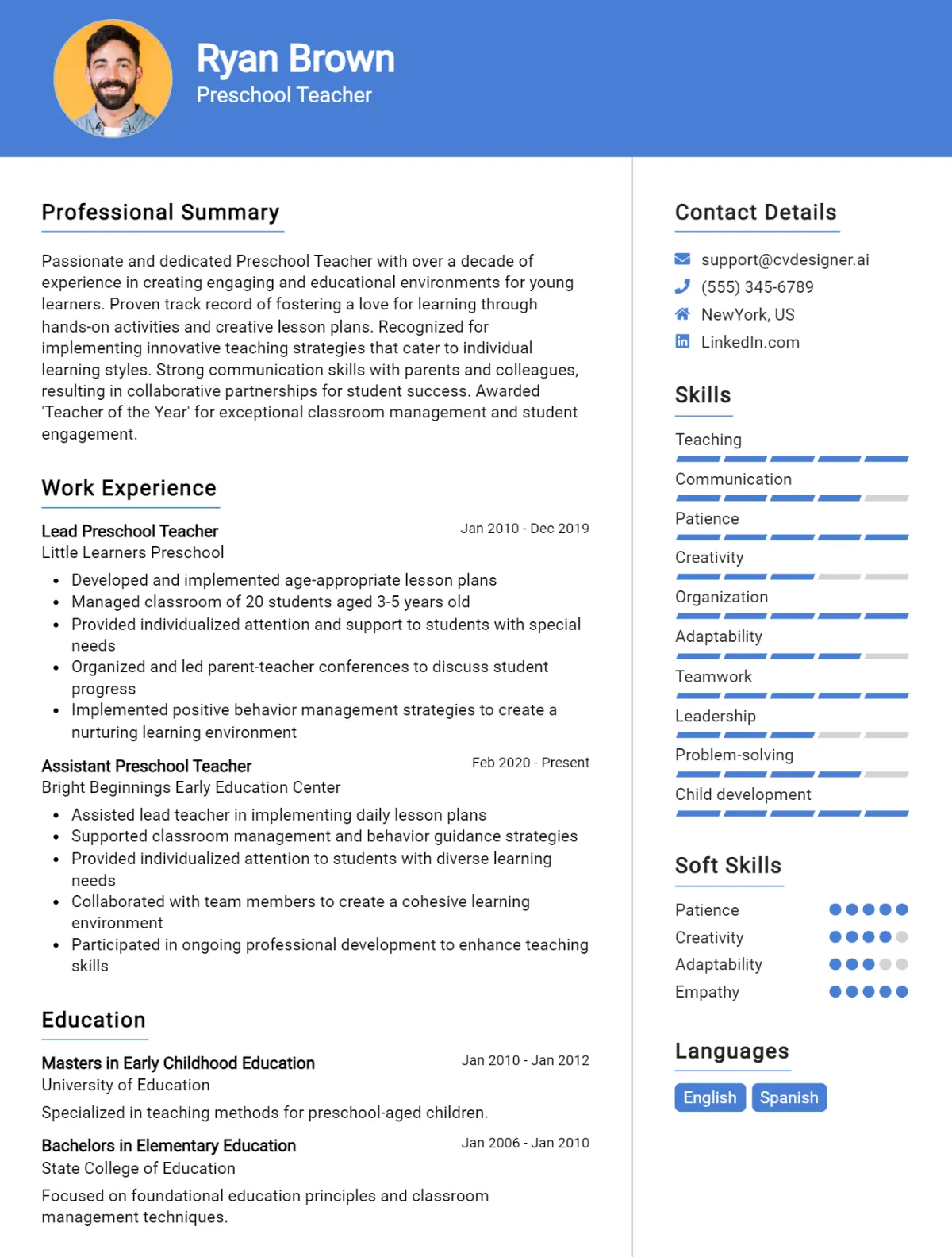 8 Preschool Teacher CV Examples For 2026: Tips & Templates Preview