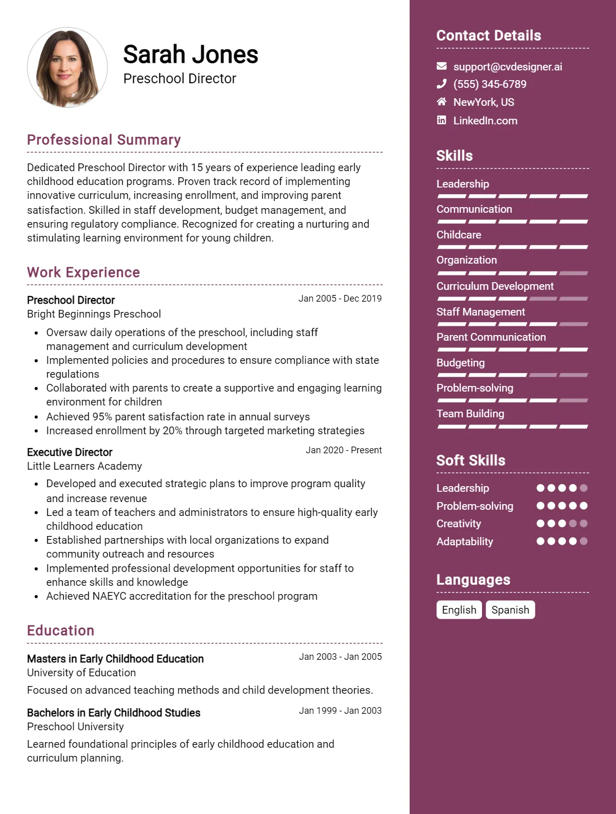 Preschool Director CV Example For 2026: Effective CV Writing Tips Preview