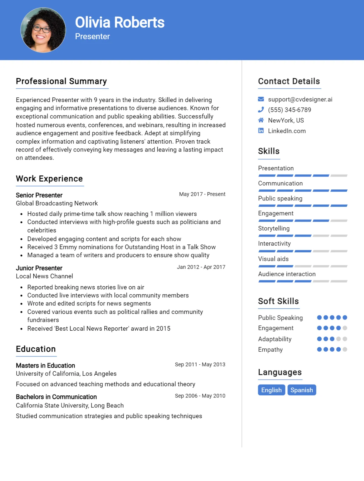 Presenter CV Example For 2026: Top CV Skills Preview