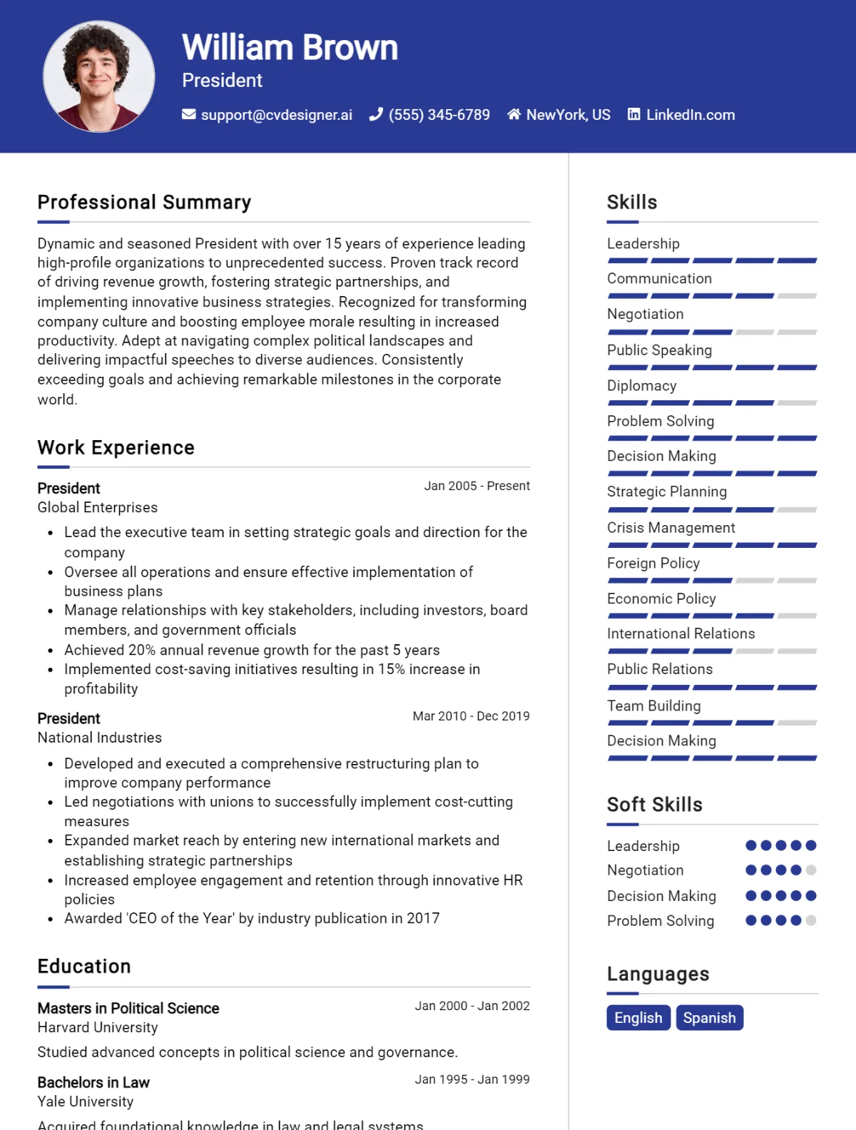 President CV Example For 2026: Professional CV Templates Preview