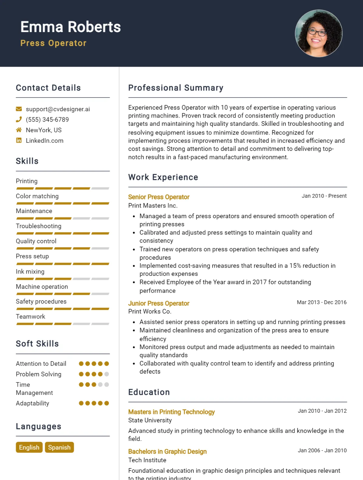Press Operator CV Example For 2026: Free Downloadable Templates Preview
