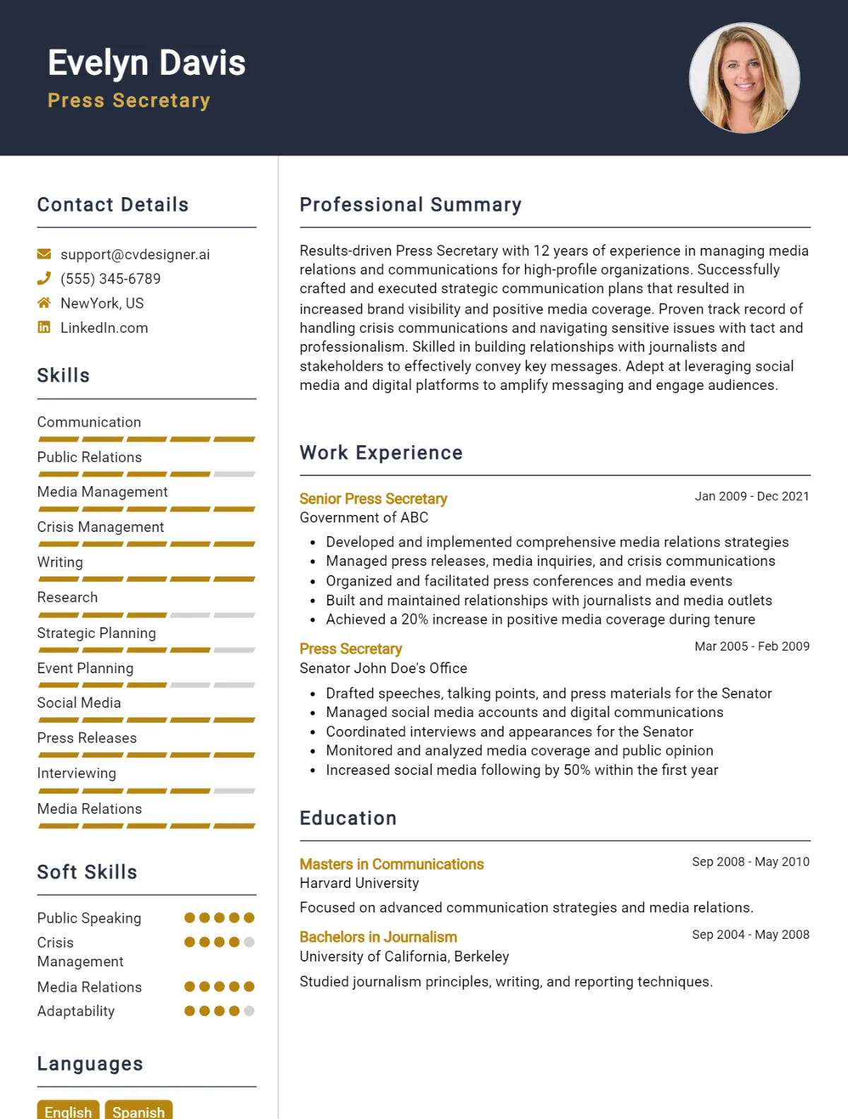 Press Secretary CV Example For 2026: Examples & Free Templates Preview