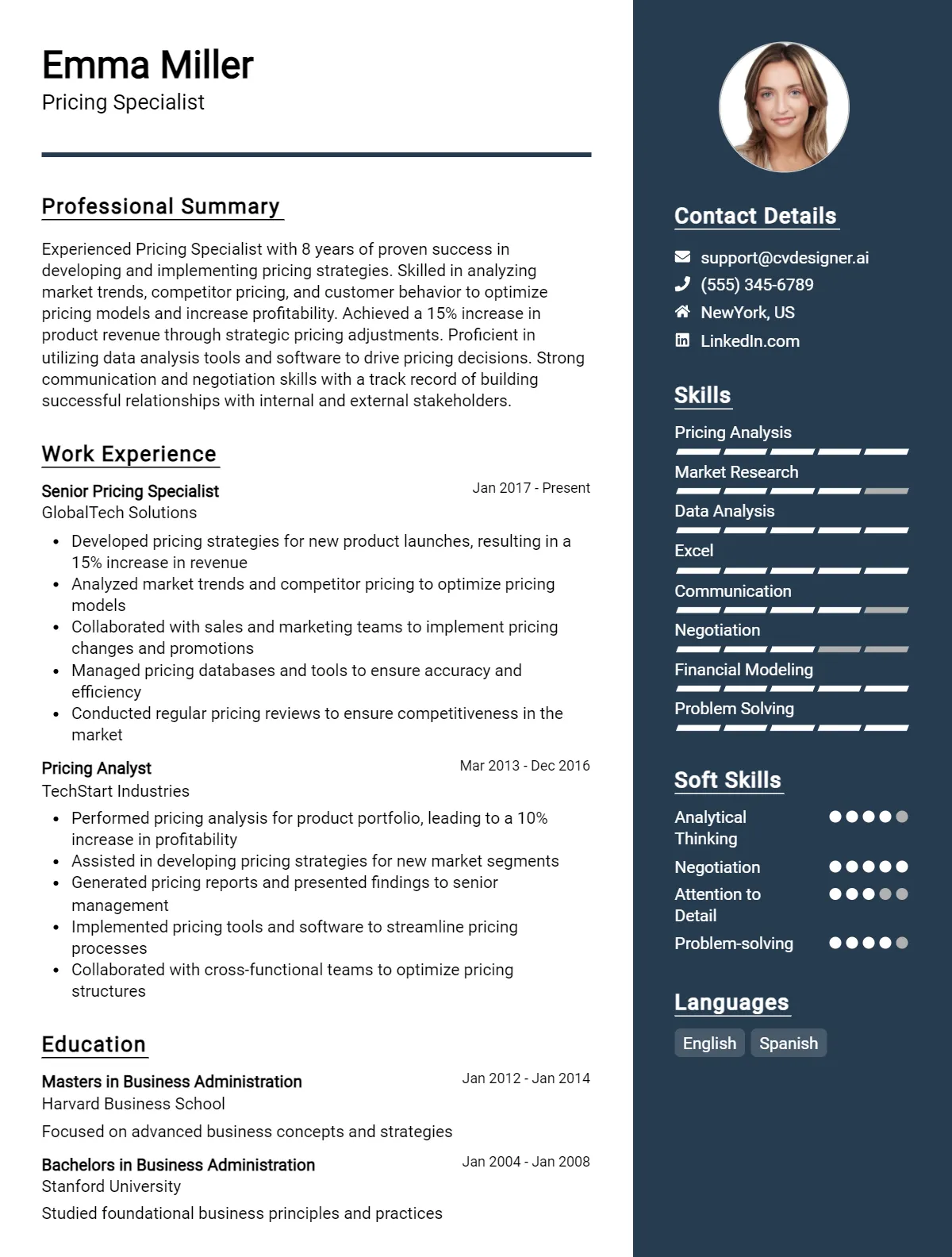 Pricing Specialist CV Example For 2026: Free Professional Templates Preview