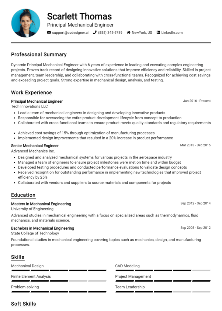 Principal Mechanical Engineer Resume Example