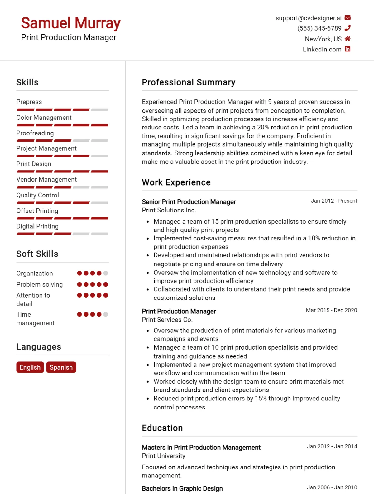 Print Production Manager CV Example For 2026: Tips & Templates Preview