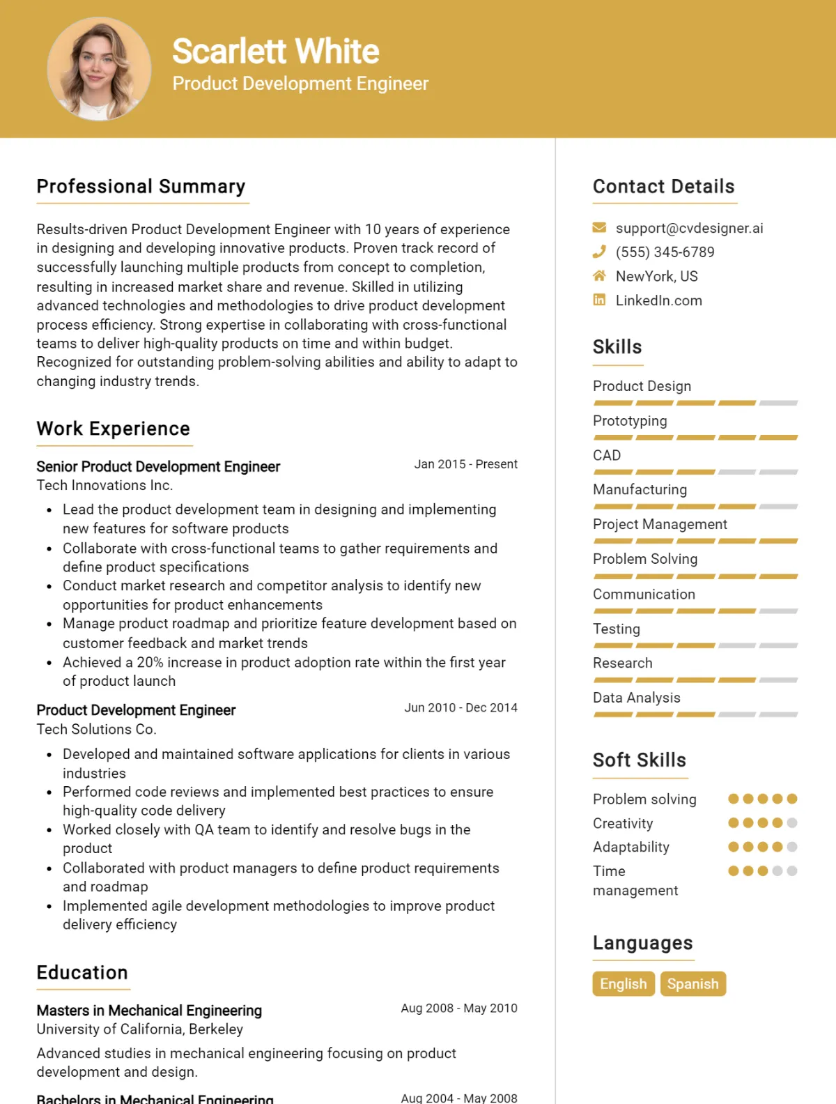 Product Development Engineer CV Example For 2026: Free Professional Templates Preview