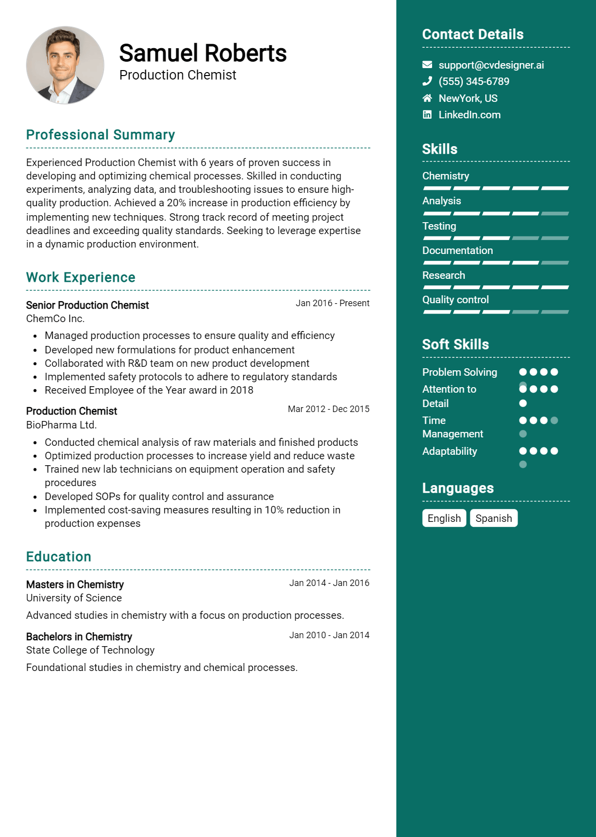 Production Chemist Resume Example for 2026: Tips to Stand Out Preview