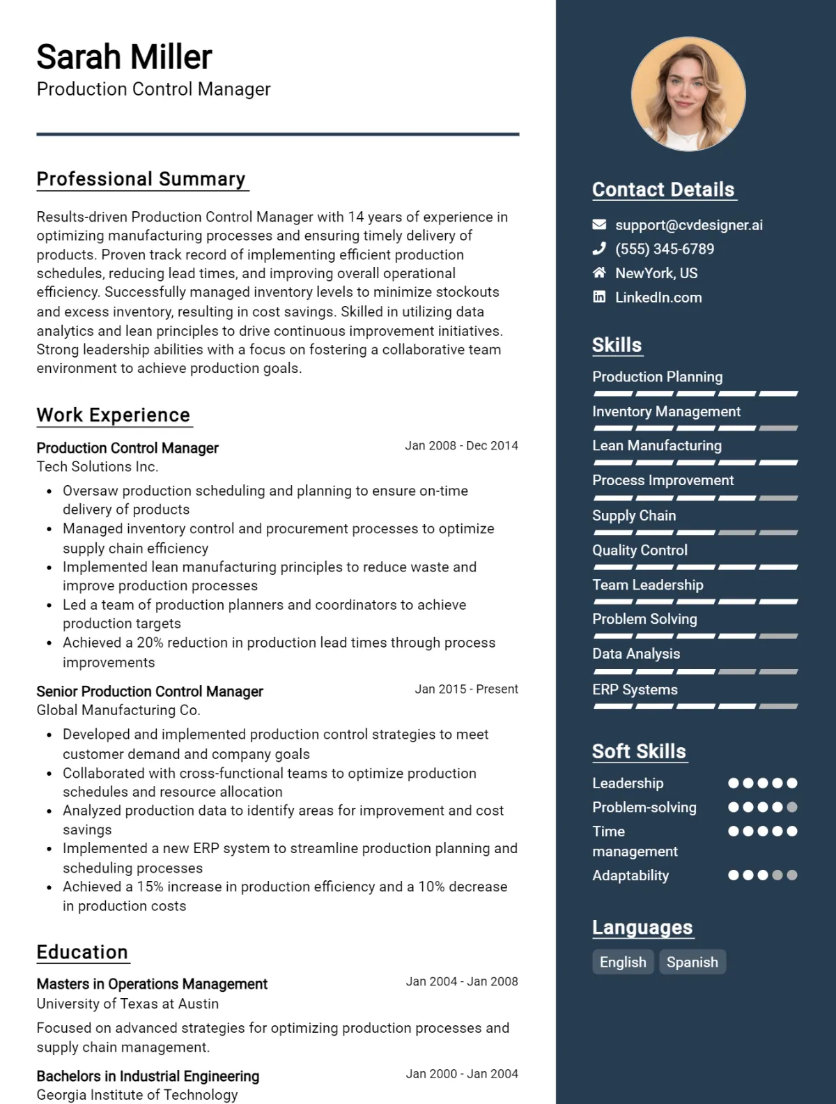 Production Control Manager CV Example For 2026: Ultimate Guide Preview