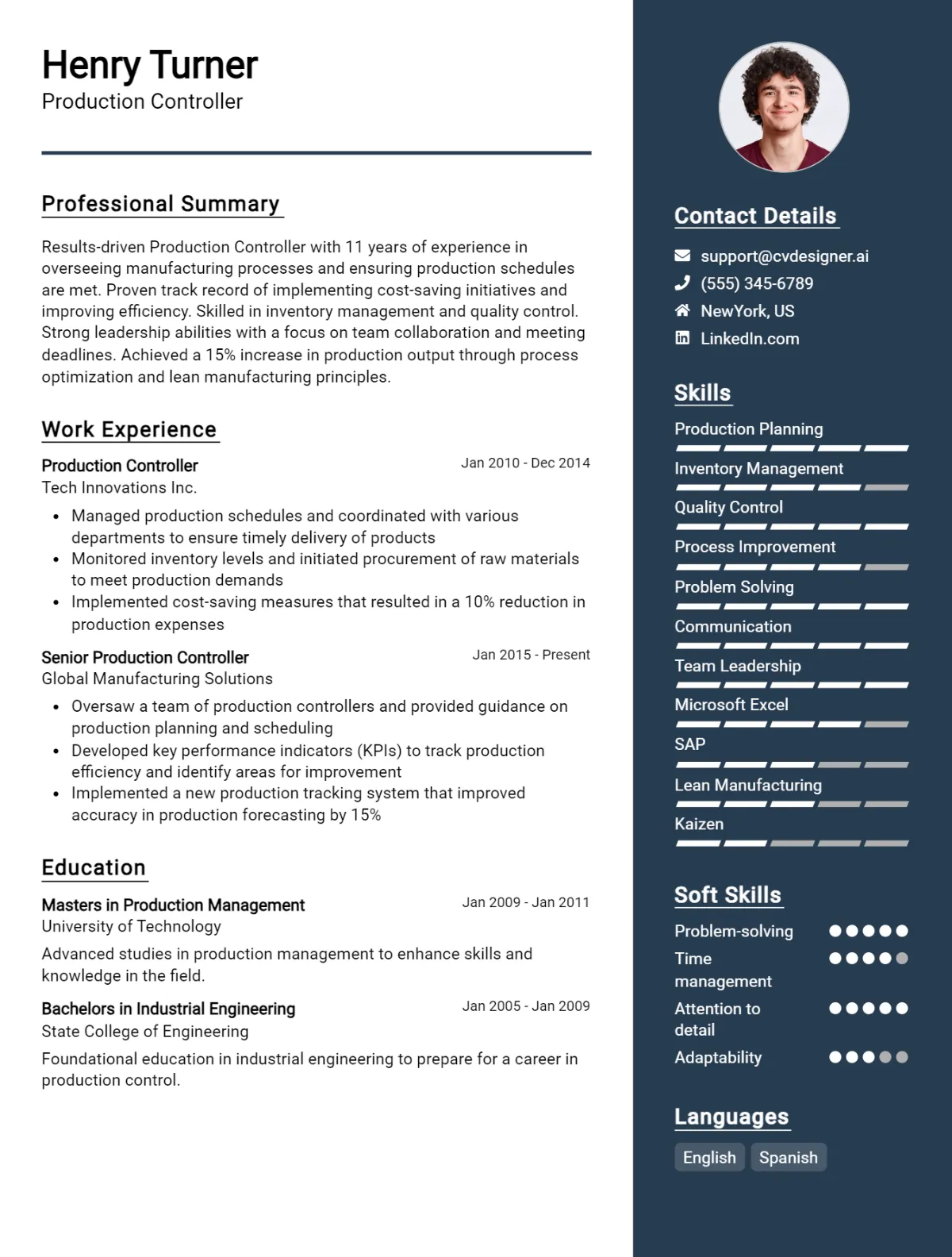 Production Controller CV Example For 2026: Professional CV Templates Preview