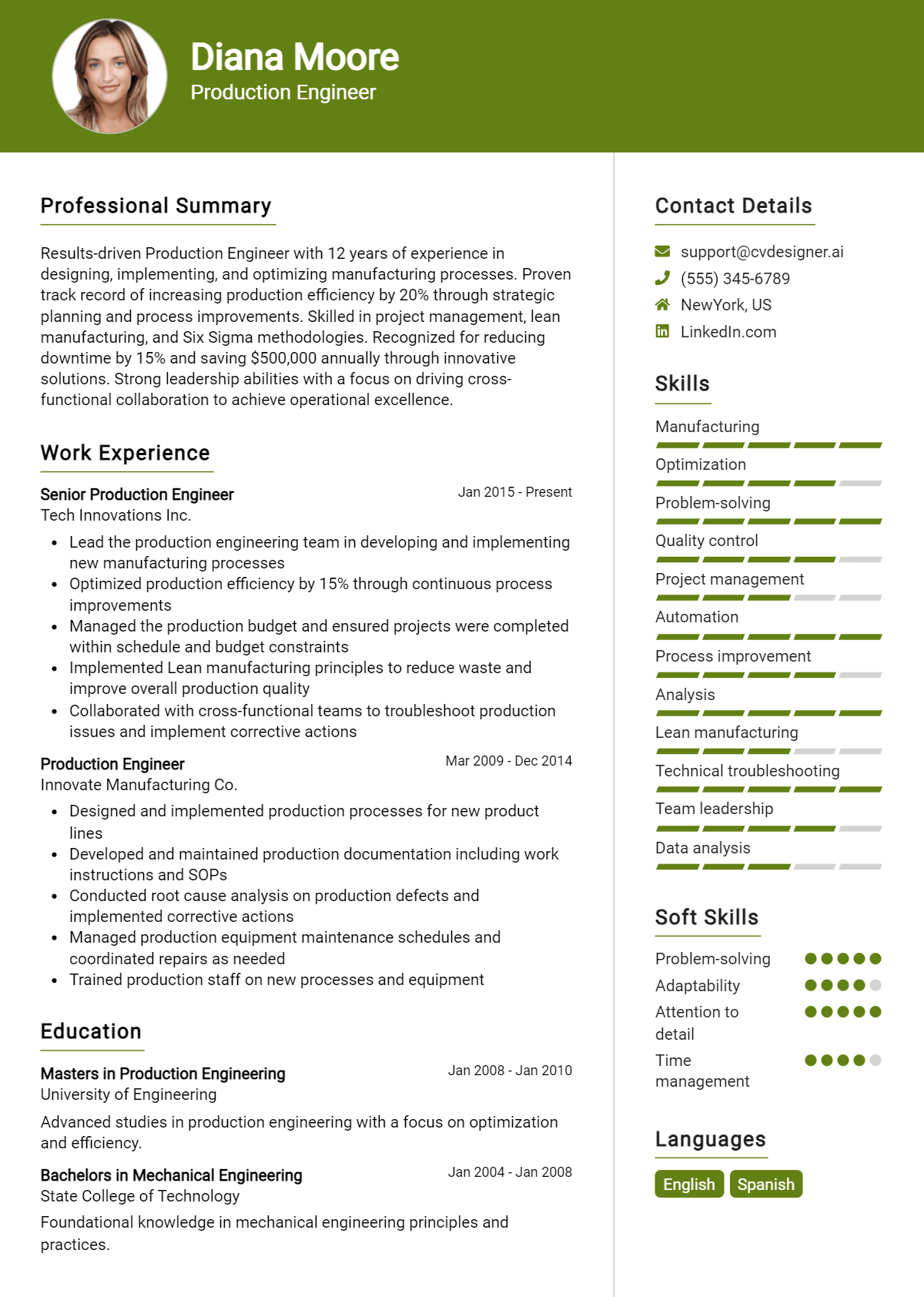 Production Engineer Resume Example for 2026: Free Professional Templates Preview