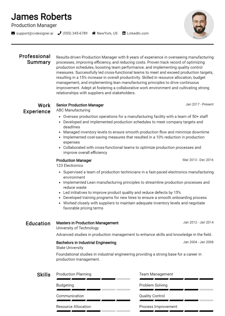Production Manager Resume Example