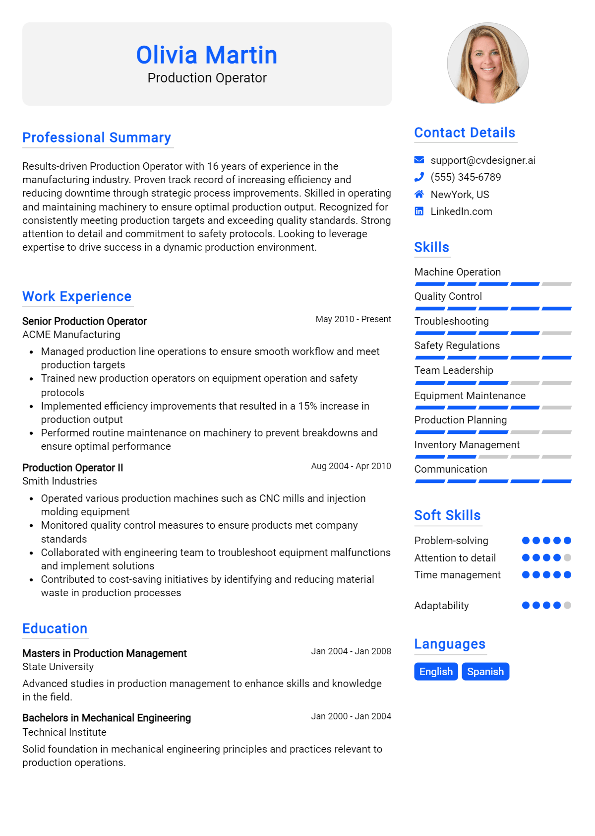 Production Operator Resume Example for 2026: Professional CV Templates Preview