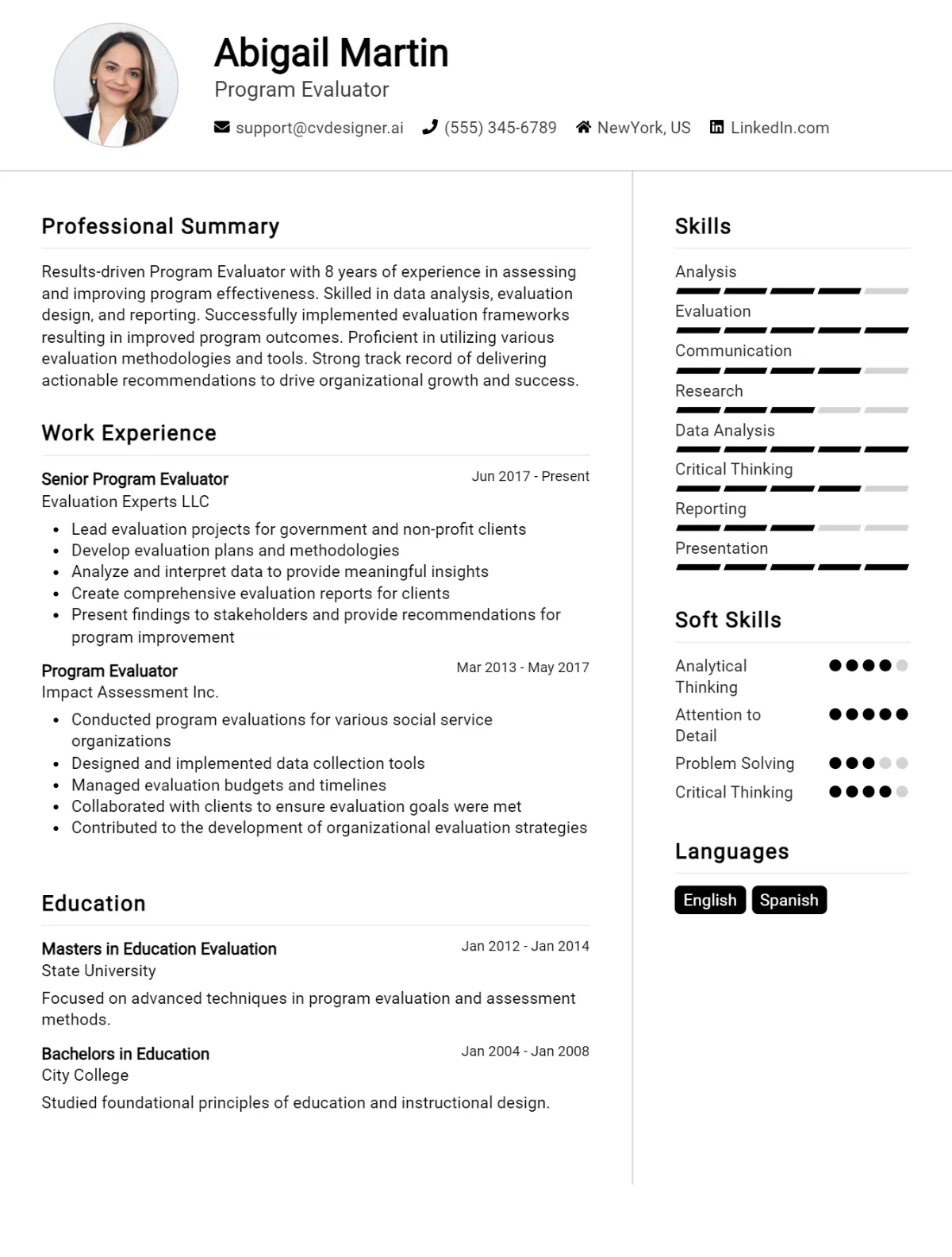 Program Evaluator CV Example For 2026: Professional CV Templates Preview