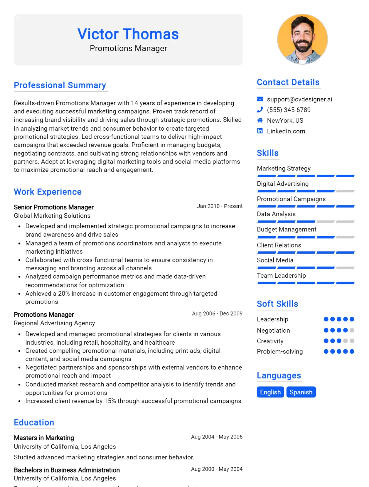 Promotions Manager CV Example For 2026: Samples & Best Practices Preview