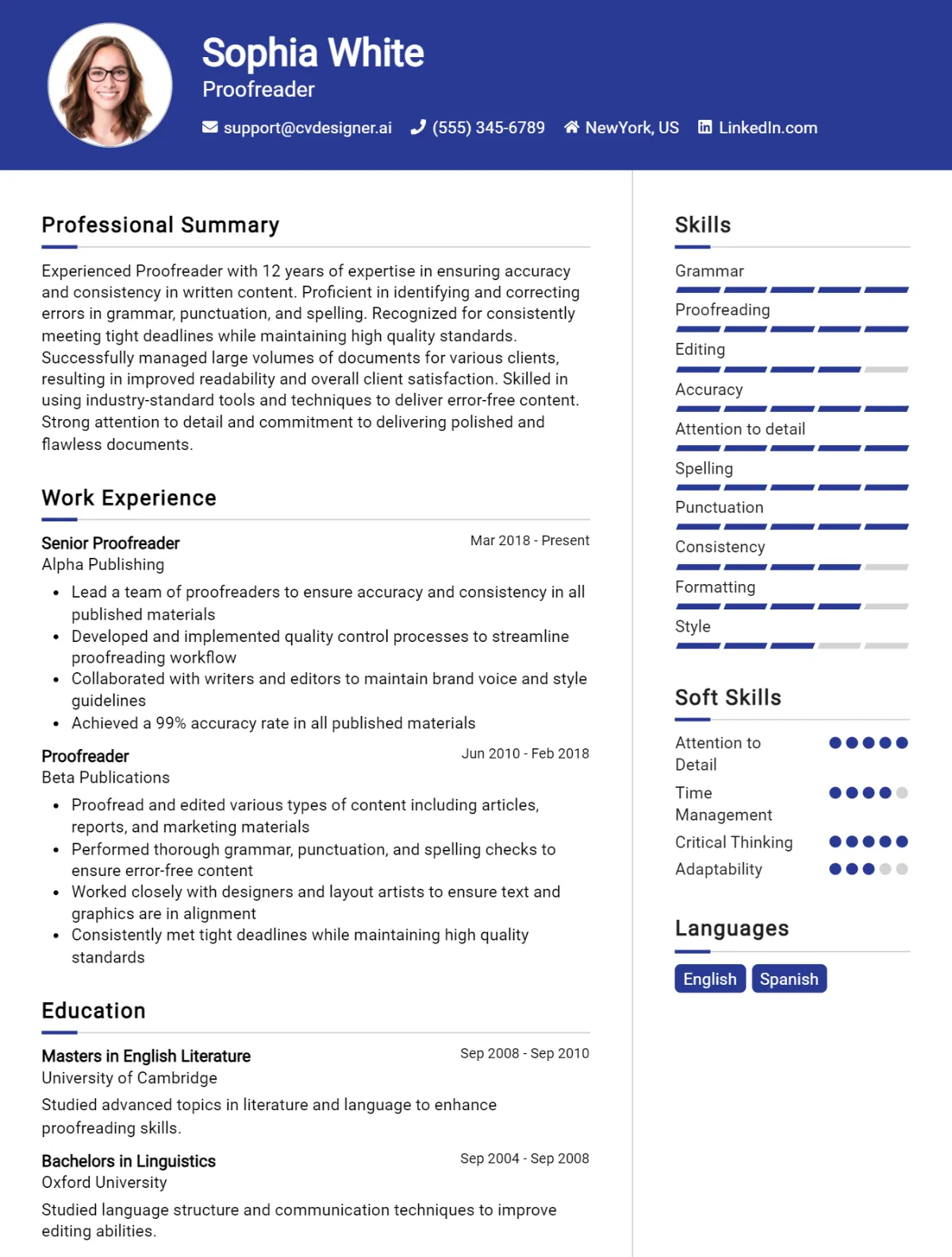 Proofreader CV Example For 2026: Free Professional Templates Preview