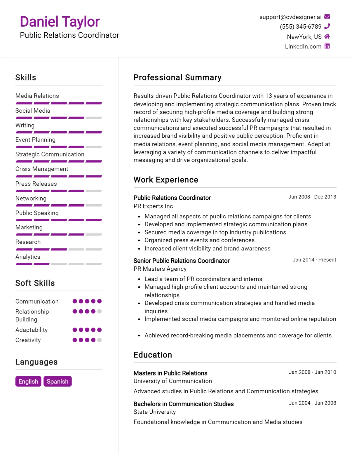Public Relations Coordinator CV Example For 2026: Free Downloadable Templates Preview