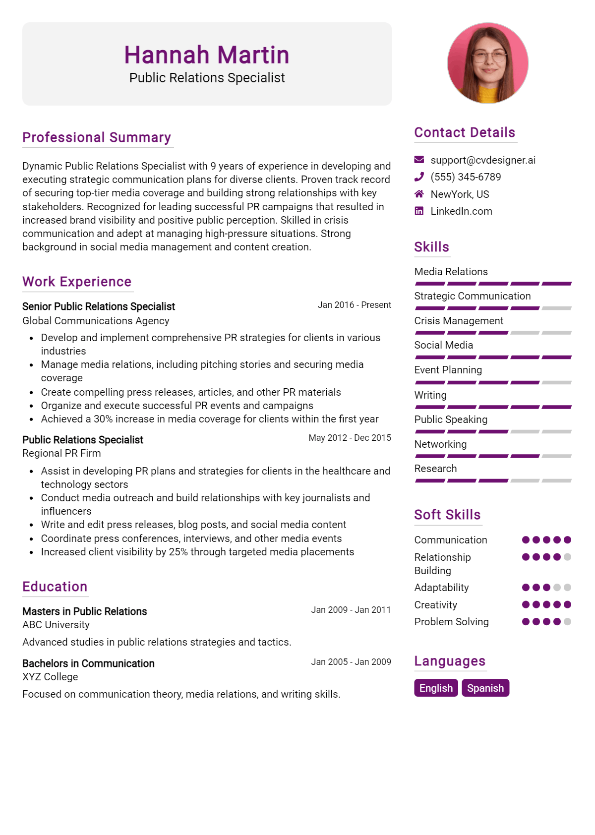 Public Relations Specialist Resume Example for 2026: Writing Guide Preview