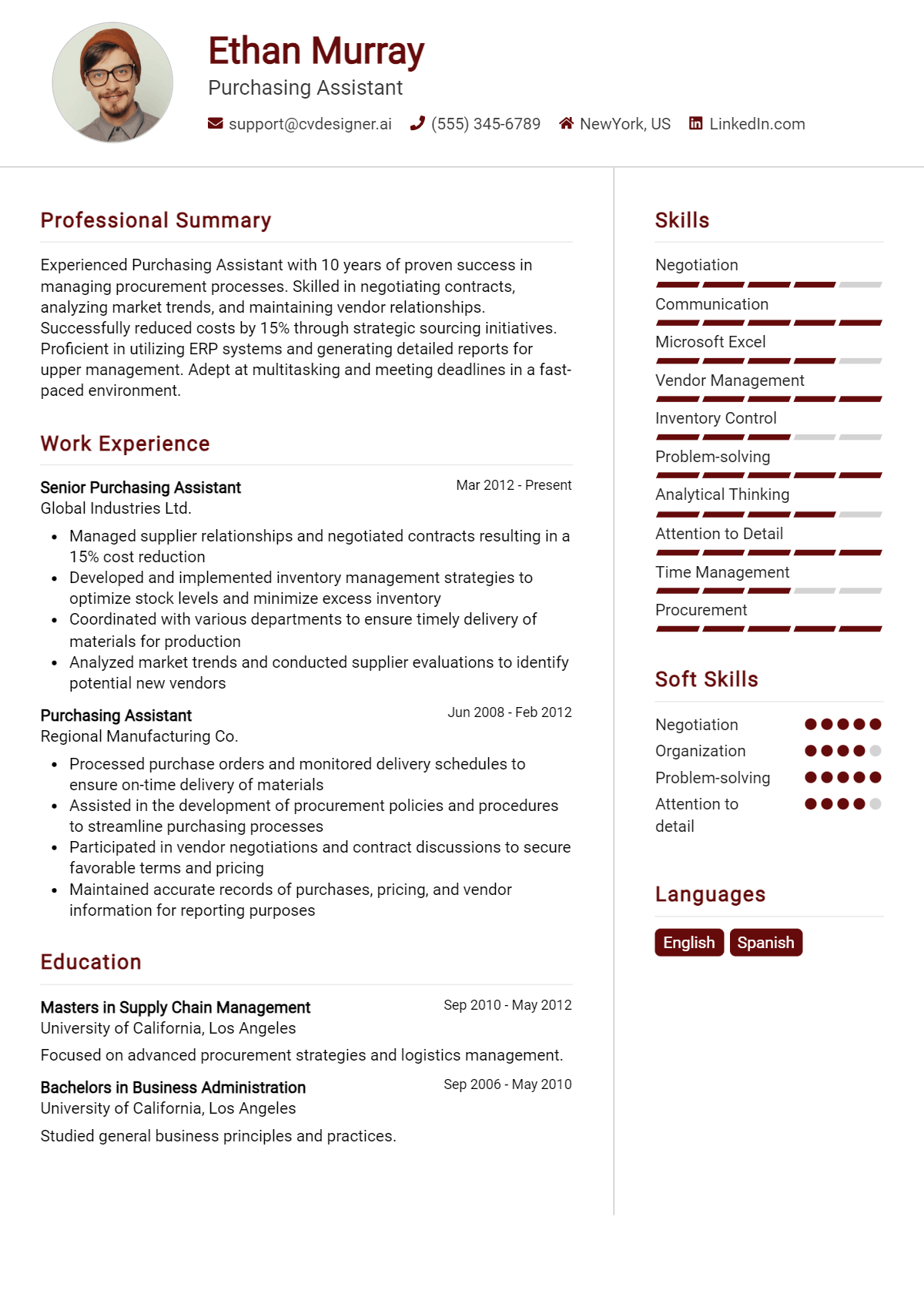 Purchasing Assistant Resume Example for 2026: Top CV Skills Preview