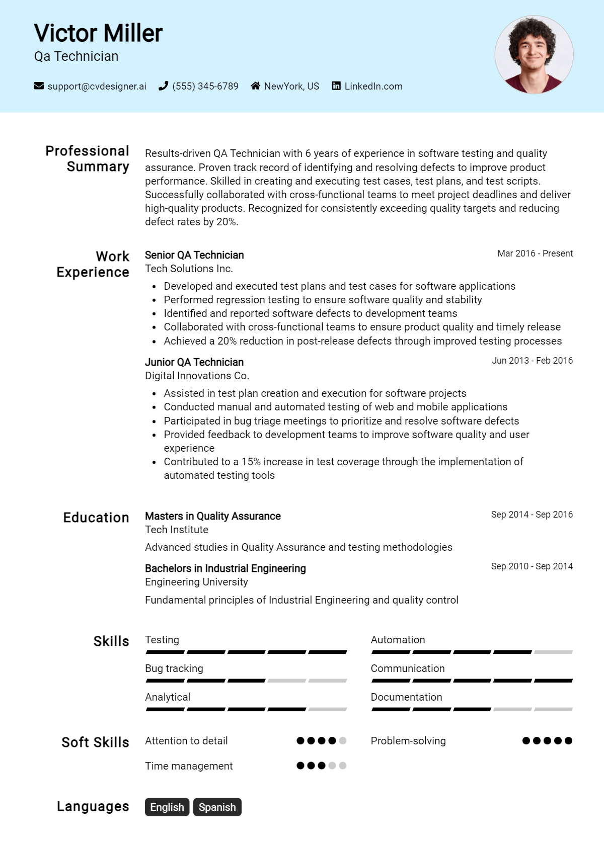QA Technician Resume Example for 2026: Free Professional Templates Preview