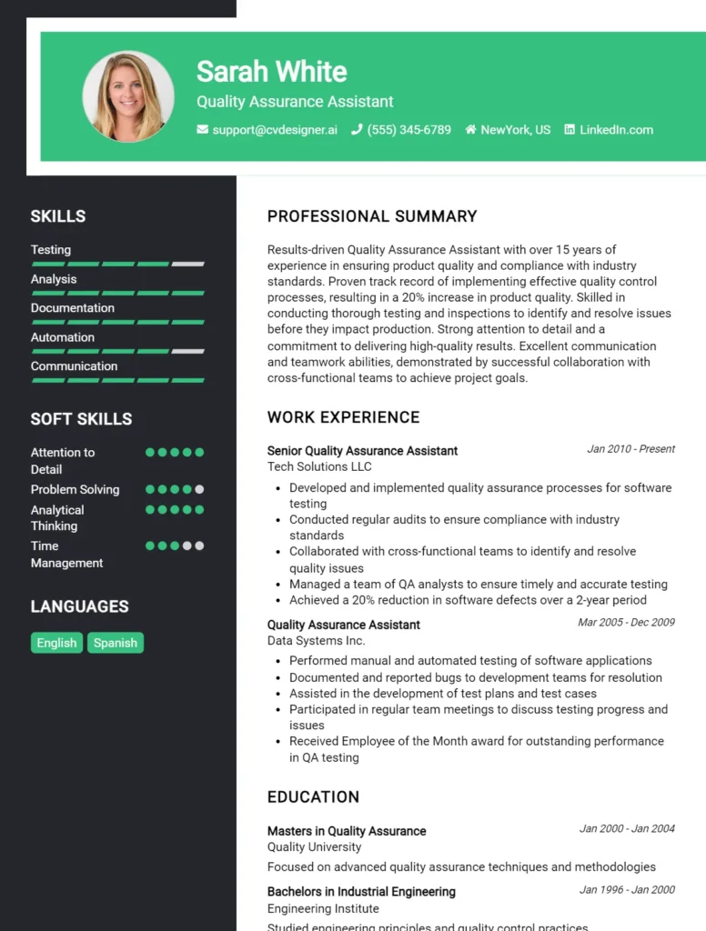 Quality Assurance Assistant CV Example