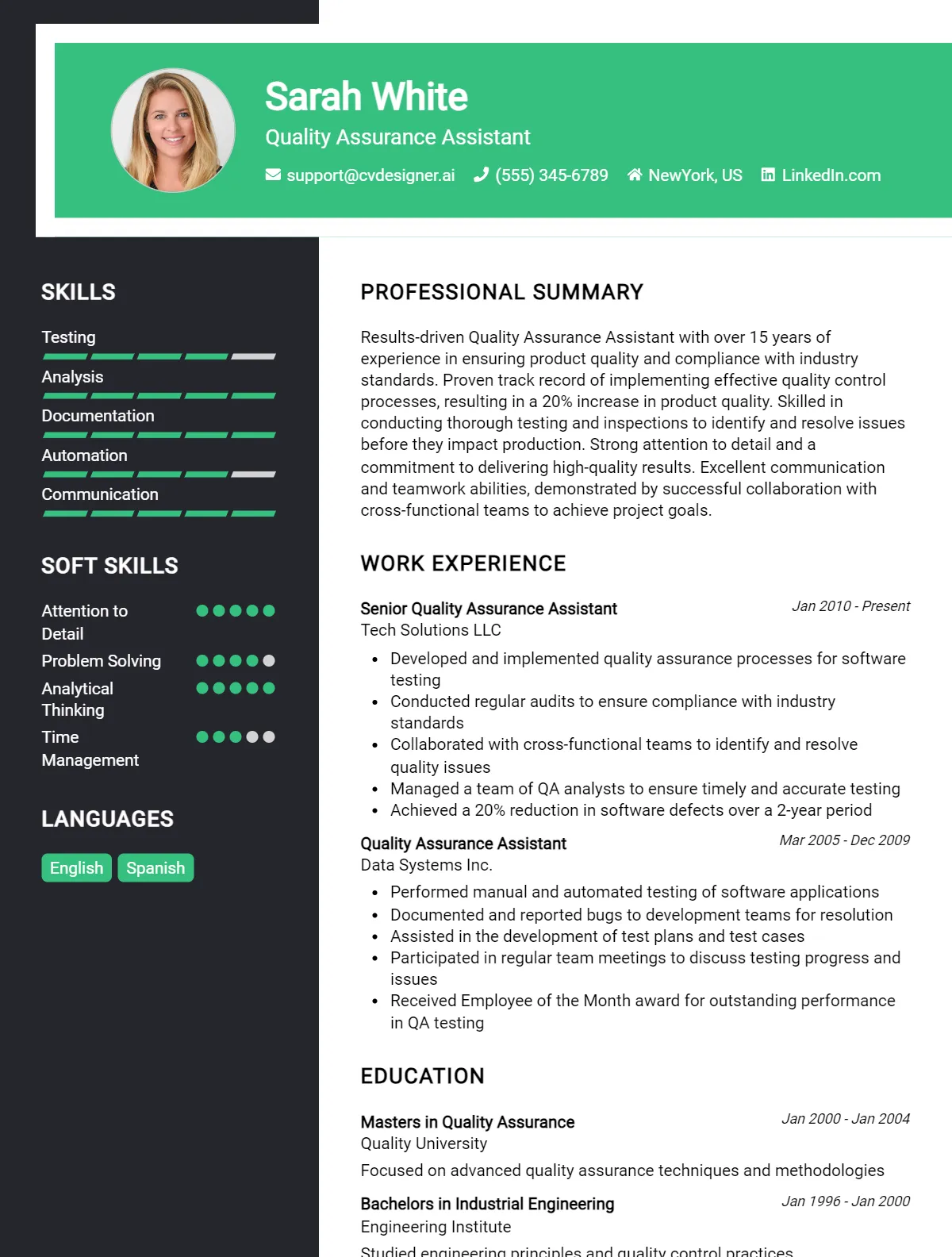 Quality Assurance Assistant CV Example For 2026: Top CV Skills Preview