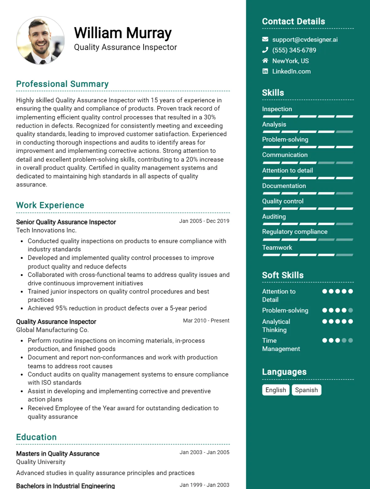 Quality Assurance Inspector CV Example For 2026: Professional CV Templates Preview