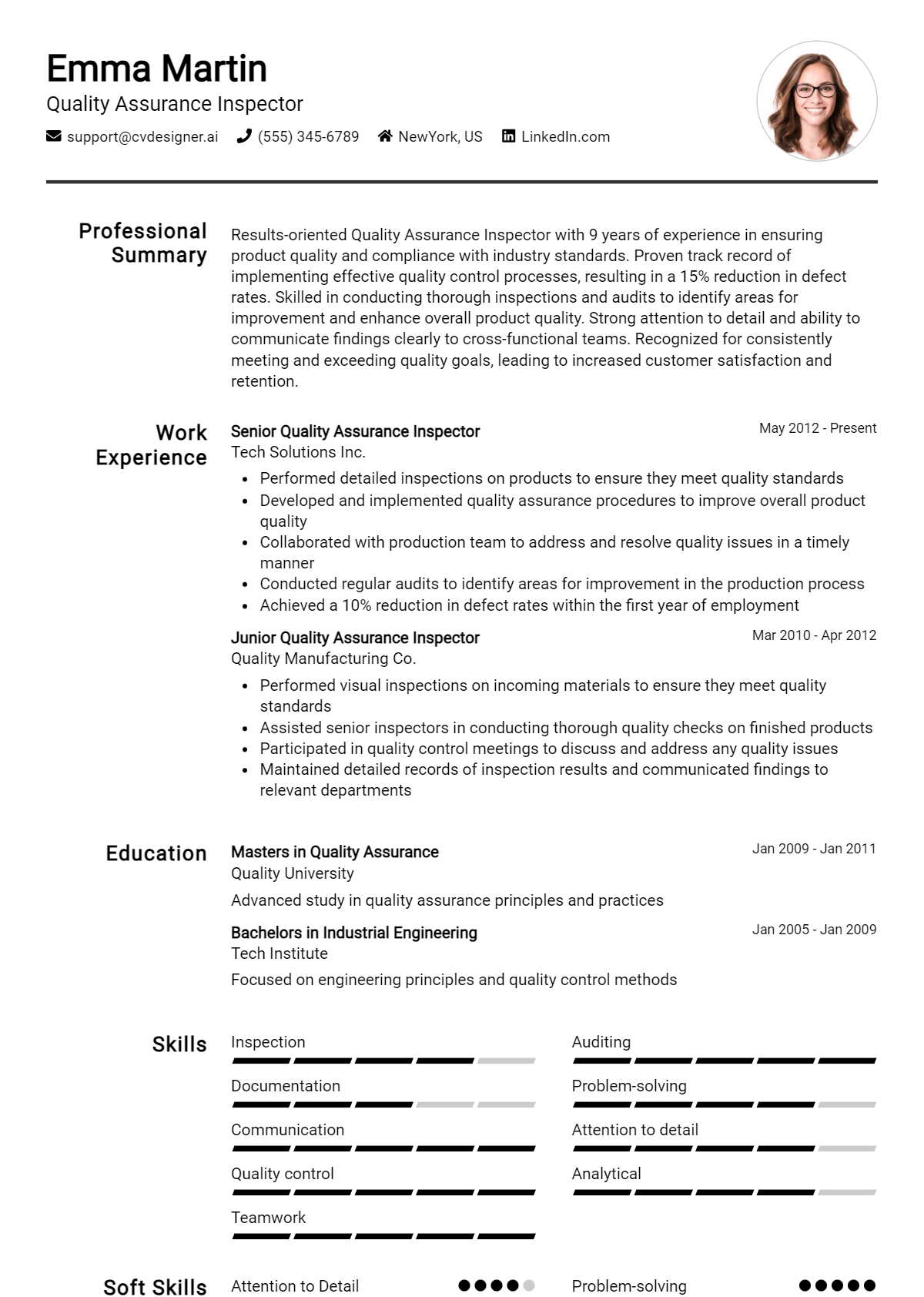 Quality Assurance Inspector Resume Example for 2026: Best Tips & Templates Preview