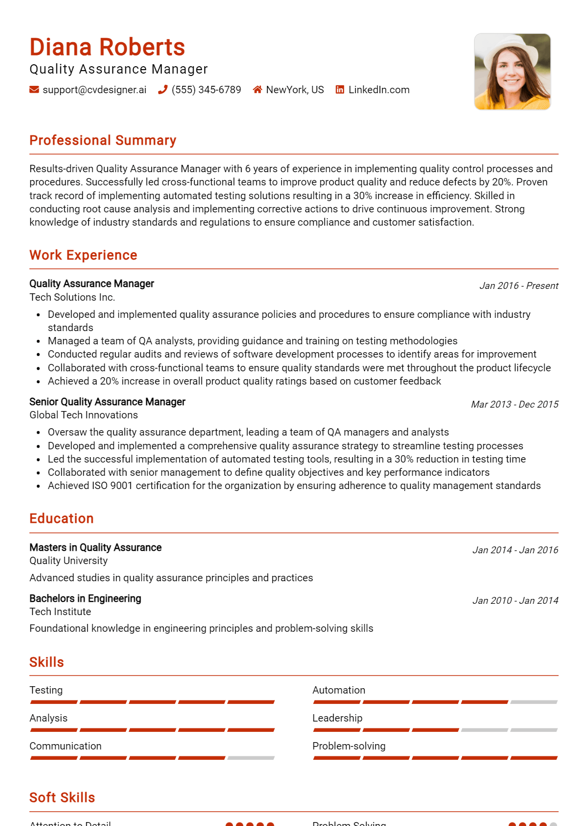 Quality Assurance Manager Resume Example for 2026: Free Samples Preview